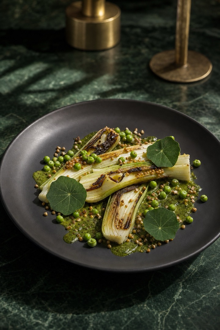 Puerros a la brasa en atmósfera botánica editorial: piedra verde, latón y contraste vegetal.