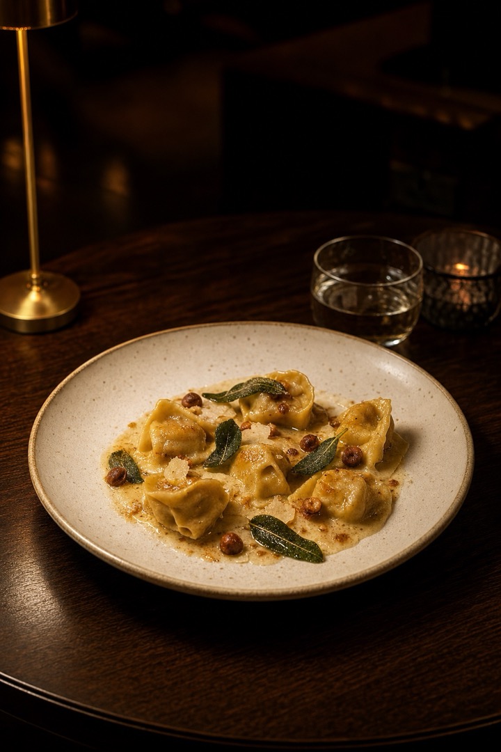 El mismo plato de agnolotti fotografiado como imagen de estudio: mesa de nogal, luz cálida lateral y atmósfera de restaurante nocturno.